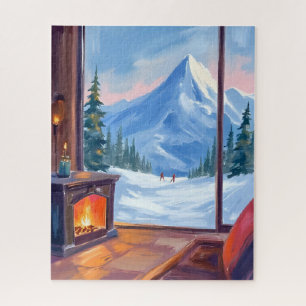 Quebra-cabeça Viagem de Esqui Aquarela de Inverno Lodge na Mon