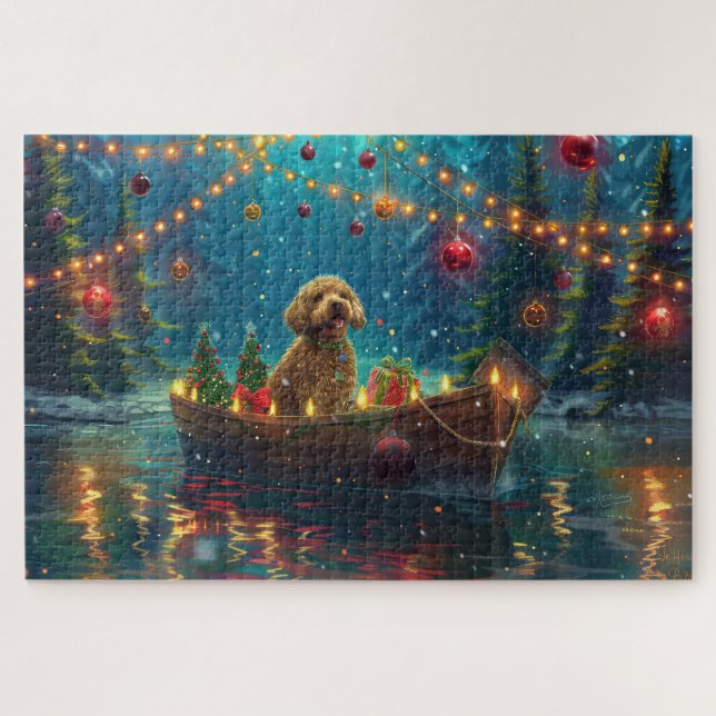 Quebra-cabeça Viagem Festiva de Natal do Goldendoodle (Horizontal)