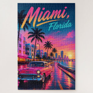 Quebra-cabeça Viagem Miami Flórida Retro Neon Pôr do Sol