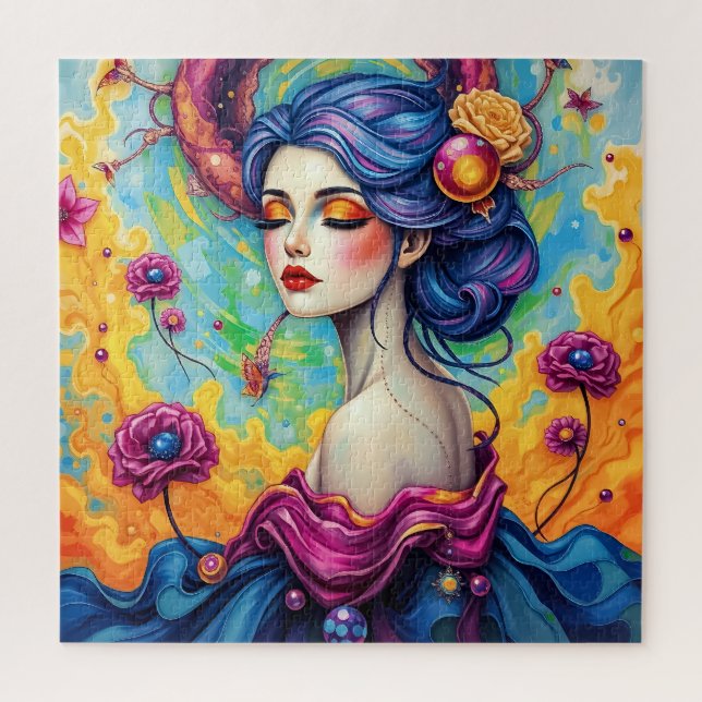 Quebra-cabeça Vibrant Floral Fantasy Mulher Jigsera Quebra-cabeç (Vertical)