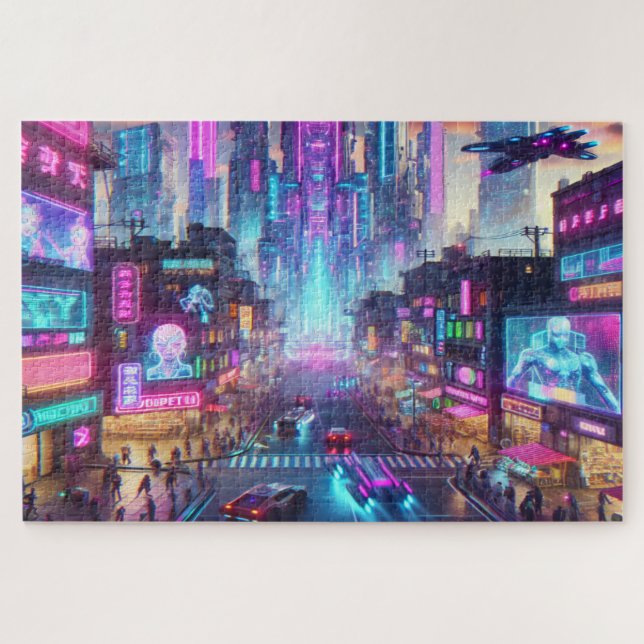 Quebra-cabeça Vibrant Neon Cyberpunk Cityscape Fantasy | (Horizontal)