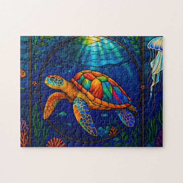 Quebra-cabeça Vibrant Stained Glass Sea Turtle Ocean Design (Horizontal)
