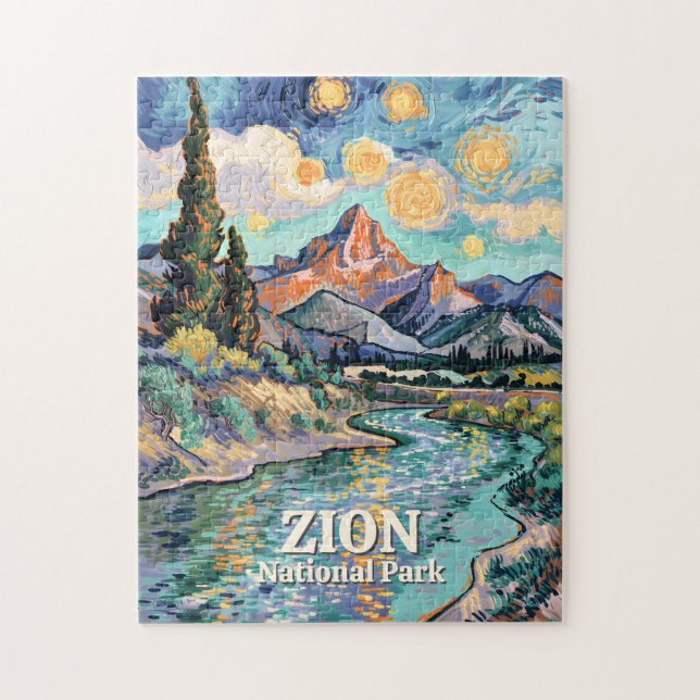 Quebra-cabeça Vibrant Zion River Sunset Retro Van Gogh Watchman (Vertical)