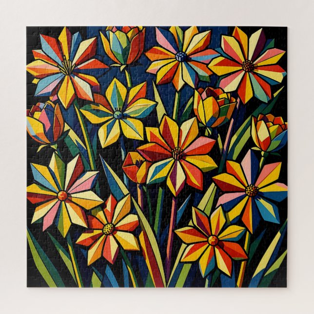 Quebra-cabeça Vibrante Buquê de Flores Geométricas Arco-íris (Vertical)