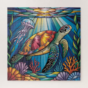 Quebra-cabeça Vibrante Design de Tartaruga Marinha em Vidro Colo