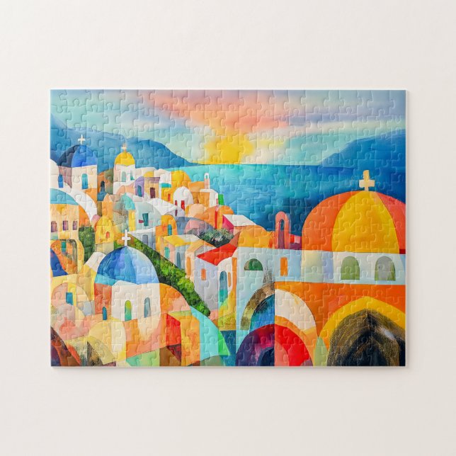 Quebra-cabeça Vibrante Santorini com Cúpulas Coloridas (Horizontal)