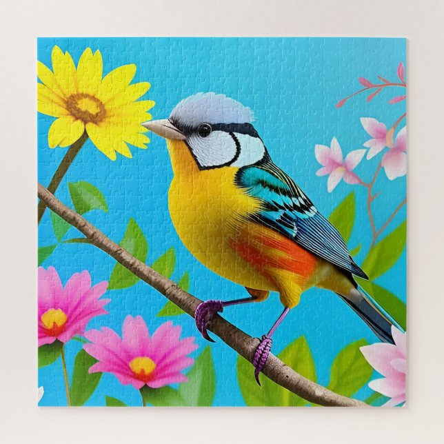 Quebra-cabeça Vibrante Songbird Emitido numa Ramificação de Flor (Vertical)