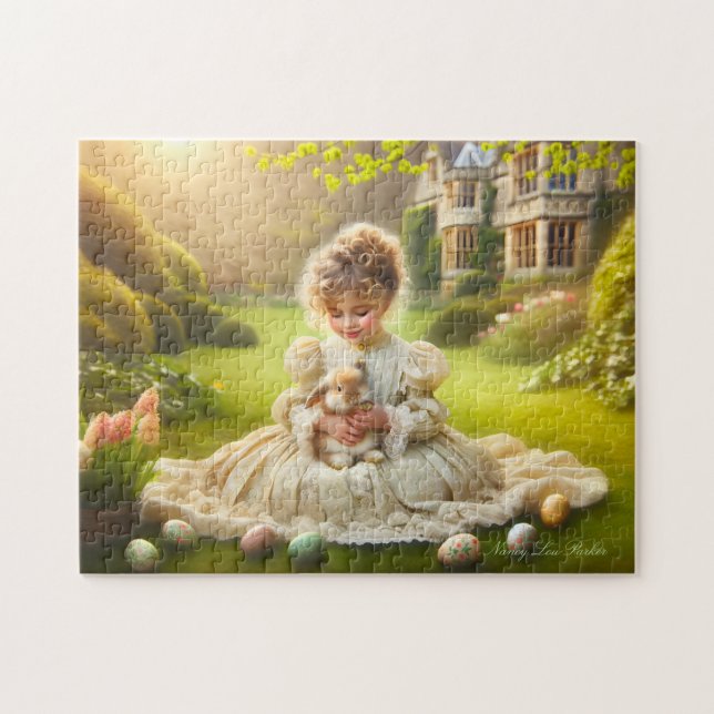 Quebra-cabeça Victorian Little Girl with Bunny & Eggs Easter  (Horizontal)
