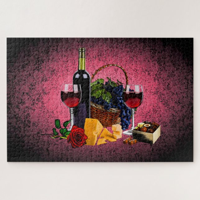Quebra-cabeça Vidro romântico, garrafa, queijo, uvas, rosa (Horizontal)