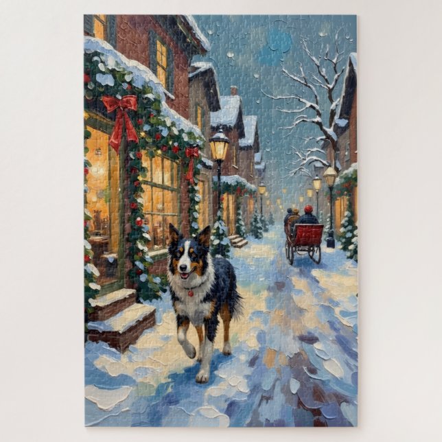 Quebra-cabeça Vila de Natal com Border Collie Antigo na Neve (Vertical)