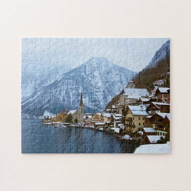 Quebra-cabeça Vila Hallstatt no lago - Salzburg Áustria (Horizontal)
