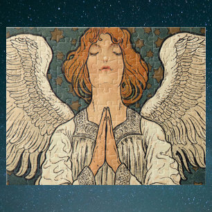 Quebra-cabeça Vintage, Anjo Religioso, Rezando com Estrelas Dour