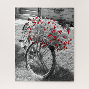 Quebra-cabeça Vintage Bicycle Red Geranium Flowers Rural Photo