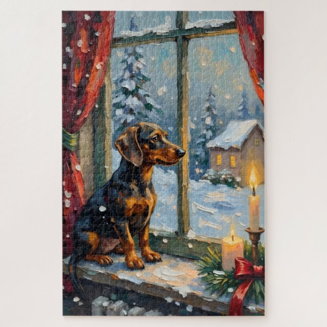 Quebra-cabeça Vintage Dachshund by Cozy Christmas Window (Vertical)