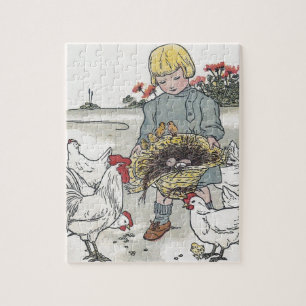 Quebra-cabeça Vintage Girl With Chickens, E é um Ovo