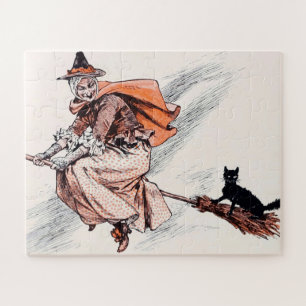 Quebra-cabeça Vintage Halloween Bruxa Andando Vassoura Com Gato