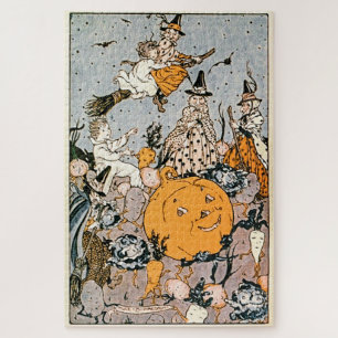 Quebra-cabeça Vintage Halloween Pumpkin e Bruxas com vassouras