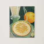 Quebra-cabeça Vintage Health Foods, Beverages, Healthy Breakfast<br><div class="desc">Vintage illustration health food and beverages image featuring a healthy breakfast of hot oatmeal,  glass of milk and an orange fruit.</div>