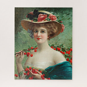 Quebra-cabeça Vintage Linda Lady Flower Hat e Cerejas Vermelhas