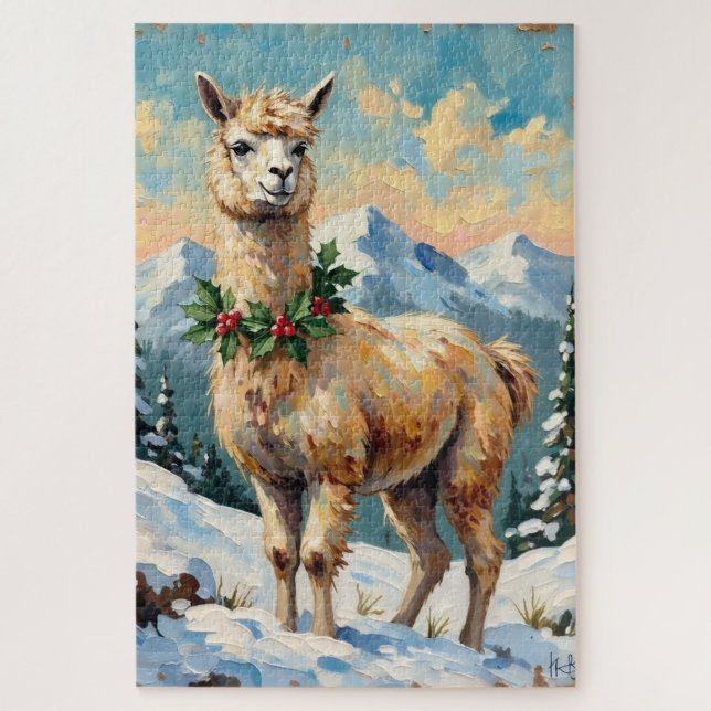 Quebra-cabeça Vintage Llama in Snowy Christmas Meadow (Vertical)
