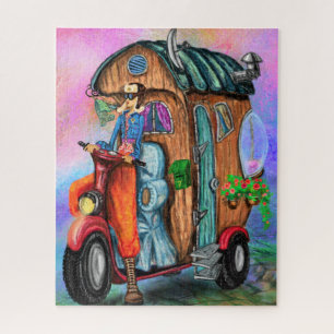 Quebra-cabeça Vintage Motorhome World Travaging Girl - Pintura