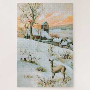 Quebra-cabeça Vintage neve, paisagem de inverno com veado