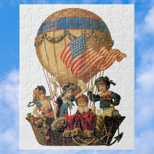 Quebra-cabeça Vintage Patriotic, Crianças num Balão de Ar Quente