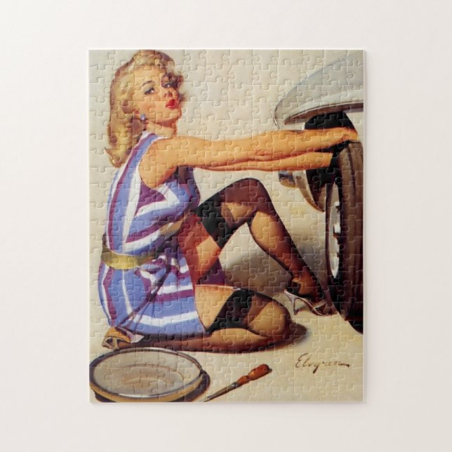 Quebra-cabeça Vintage Retro Car Mechanical Pinup Girl (Vertical)