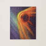 Quebra-cabeça Vintage Science Ficting, Foguete Brilhante no Espa<br><div class="desc">Ilustração vinda do espaço exterior futurista e planetas Science Fiction imagem apresentando um foguete redondo no espaço orbitando um planeta e voando sobre as estrelas. É um brilho de cores vermelhas,  amarelas e laranja,  reflexo do sol. Um 50 de quadrinhos retrô clássico e design de ficção científica de transporte.</div>