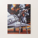 Quebra-cabeça Vintage Science Ficting Soldados Robôs Militares<br><div class="desc">Imagem de robô militar com Ficção Científica futurista Vintage. Um soldado alienígena hostil segurando uma espingarda e em frente a uma aeronave ou avião militar com uma estrela. Ele está num planeta desolado pronto para entrar em guerra com fumaça, fogo e explosões. Hora de lutar e lutar contra os aliens...</div>