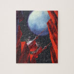 Quebra-cabeça Vintage Science Fiction, Canyon Space Moon Rover<br><div class="desc">Ilustração vintage: planetas futuristas de ficção científica e imagem espacial. Uma vista de um cânion profundo olhando para cima em direção a um veículo de exploração espacial com uma lua grande e estrelas no céu noturno. Um clássico design de quadrinhos retrô de ficção científica.</div>
