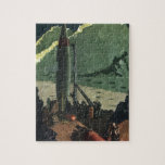 Quebra-cabeça Vintage Science Fiction, Rocket on Foreign Planet<br><div class="desc">Ilustração de safra futurista e planetas Imagem de ficção científica apresentando uma espaçonave se preparando para explodir. Os astronautas estão preparando o foguete para uma missão espacial. Um 50 de quadrinhos retrô clássico e design de ficção científica de transporte.</div>