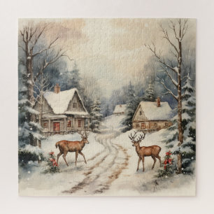 Quebra-cabeça Vintage Snowy Paisagem De Natal Com Veado