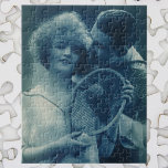 Quebra-cabeça Vintage Sports Tennis, Love and Romance<br><div class="desc">Vintage ephemera featuring a love and romance photo with a young couple holding tennis rackets. A romantic sports photo with newlyweds flirting and about to play a game.</div>