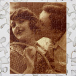 Quebra-cabeça Vintage Sports Tennis, Love and Romance<br><div class="desc">Vintage ephemera featuring a love and romance photo with a young couple holding tennis rackets. A romantic sports photo with newlyweds flirting and about to play a game.</div>