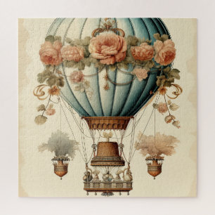 Quebra-cabeça Vintage Steampunk Floral Blue Balão de Ar Quente