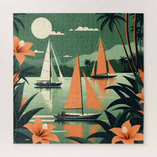 Quebra-cabeça Vintage Tropical Beach e Sailboat