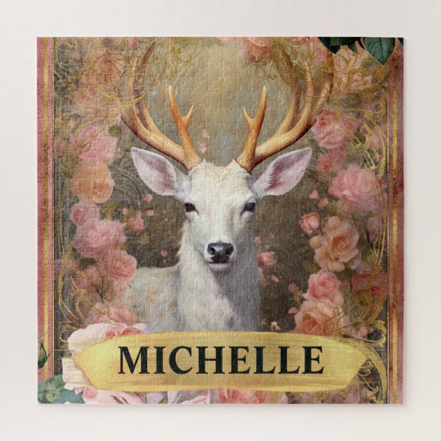 Quebra-cabeça Vintage White Deer e Rosas Rosa (Vertical)