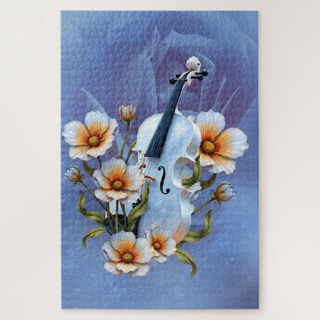 Quebra-cabeça Violino Branco com Flores - Música e Natureza Eleg (Vertical)