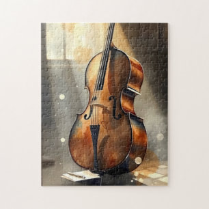 Quebra-cabeça violoncelo elegante em um estúdio com pouca ilumin