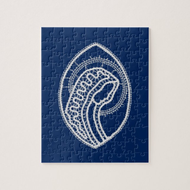 Quebra-cabeça Virgem Abençoada Maria, renda branca, azul marinho (Vertical)