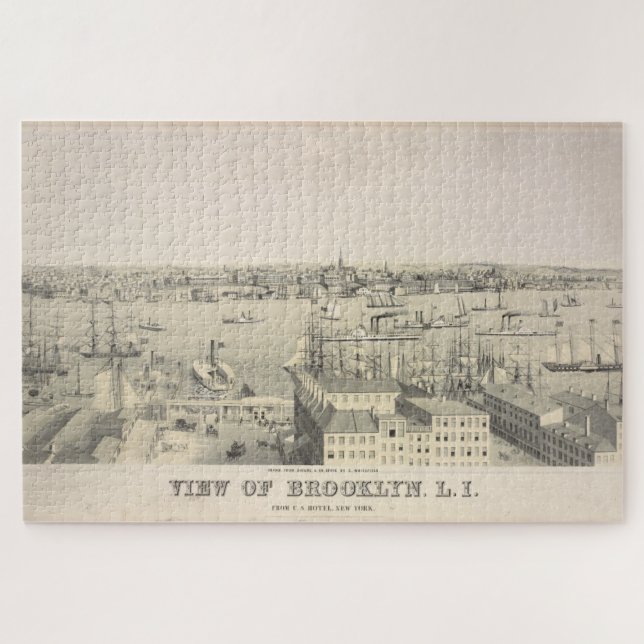 Quebra-cabeça Visão Ilustrativa Vintage do Brooklyn NY (1846) (Horizontal)