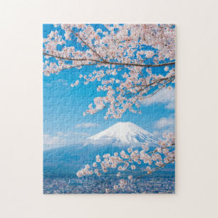 Quebra-cabeça Vista de Monte Fuji com flores de cerejeira