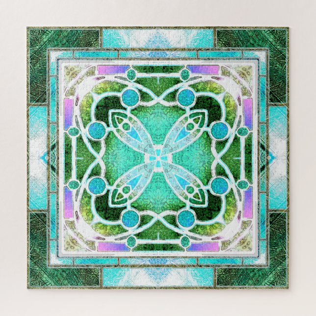 Quebra-cabeça Vitral de Catedral em Verde e Hortelã (Vertical)