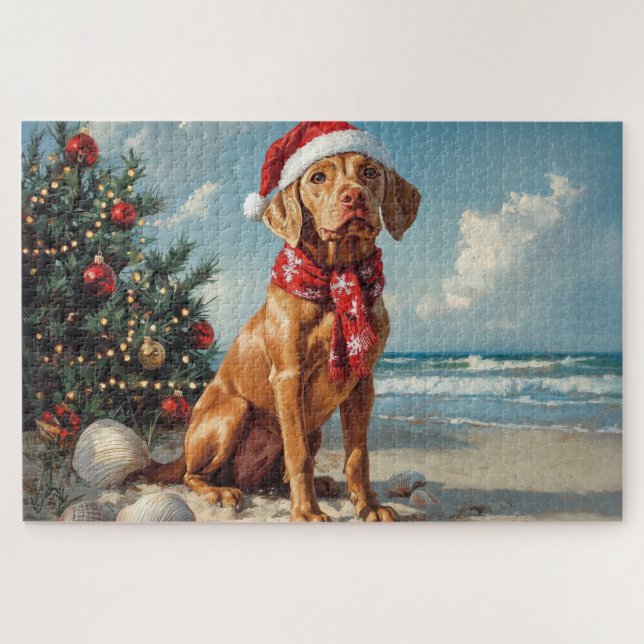 Quebra-cabeça Vizsla Cachorro Natal Vintage Praia (Horizontal)