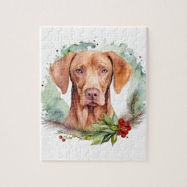 Quebra-cabeça Vizsla Christmas Wreath Festivo Pup (Vertical)