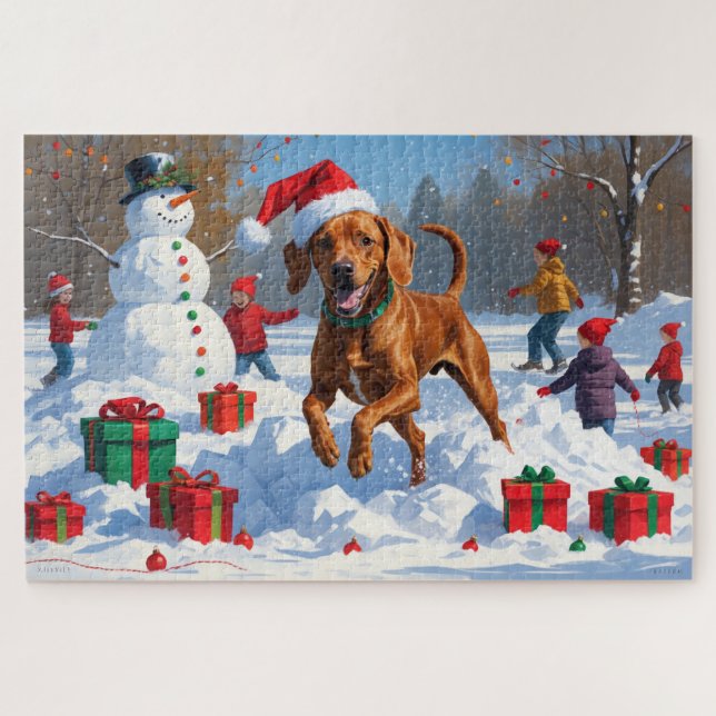 Quebra-cabeça Vizsla Correndo na Neve com Chapéu de Natal (Horizontal)