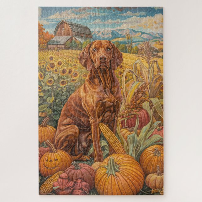 Quebra-cabeça Vizsla Dog Autumn Harvest Ação de Graças (Vertical)