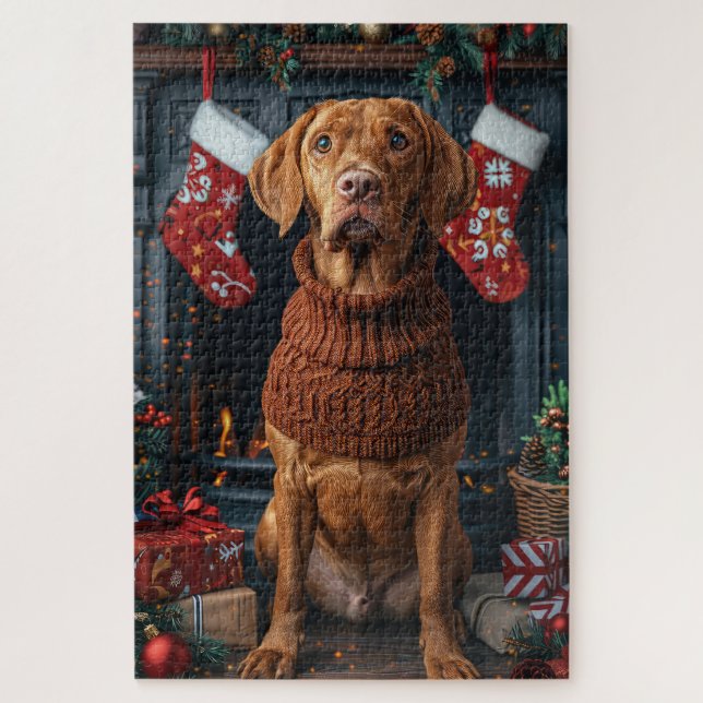 Quebra-cabeça Vizsla Dog com Lareira de presentes de Natal (Vertical)
