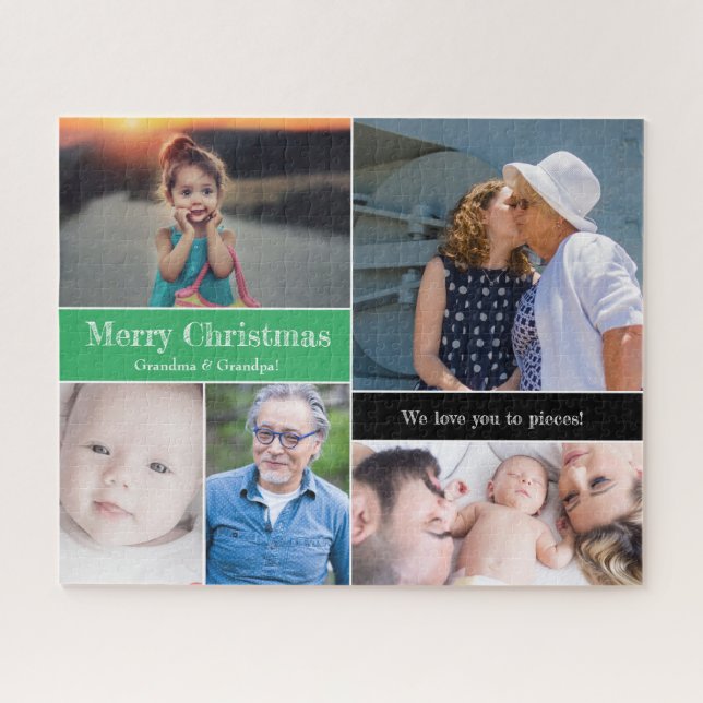 Quebra-cabeça Vovó e vovô de Natal Verde Personalizado (Horizontal)